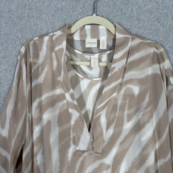 Chicos Blouse Tan Medium Sheer Animal Flowy Lagenlook Artsy Popover Neutral Tank - Picture 5 of 12